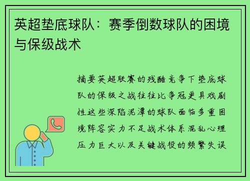 英超垫底球队：赛季倒数球队的困境与保级战术